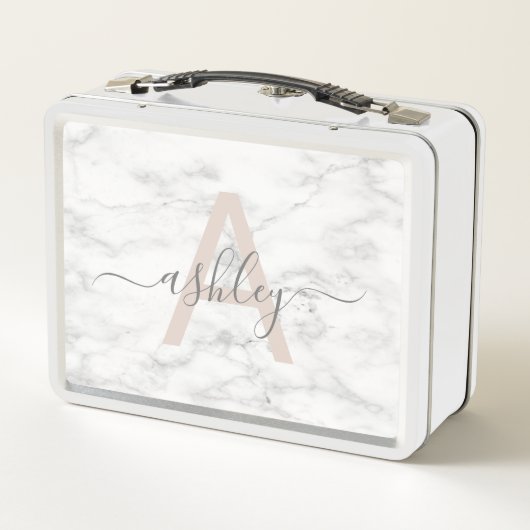 Lunch Box Chic Blush Pink White Marble Script Nom monogram (Dos)