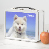 Lunch Box Chien blanc Samoyé sur bleu clair (En situation)