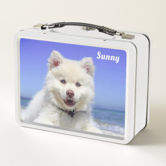 Lunch Box Chien blanc Samoyé sur bleu clair (Dos)