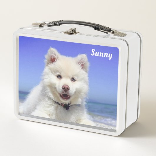 Lunch Box Chien blanc Samoyé sur bleu clair (Devant)