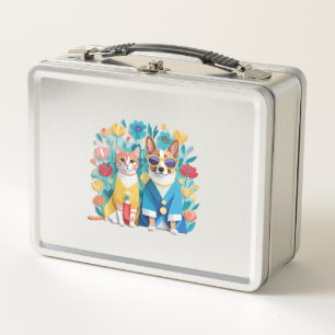 Lunch Box Chien mignon et chat jeunes mariés portant le hanb