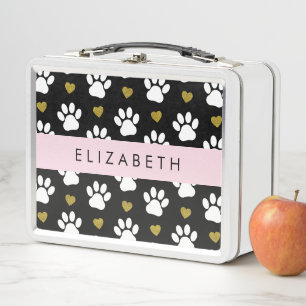 Lunch Box Chien Paws, White Paws, Gold Hearts, Votre Nom