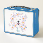 Lunch Box Chien Samoyed et fleurs roses, nom customisé (Dos)