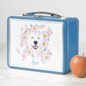 Lunch Box Chien Samoyed et fleurs roses, nom customisé (En situation)