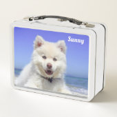 Lunch Box Chien Samoyède blanc sur fond bleu clair (Dos)