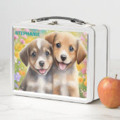 Lunch Box Chiens mignons dans une prairie Nom personnalisé (En situation)