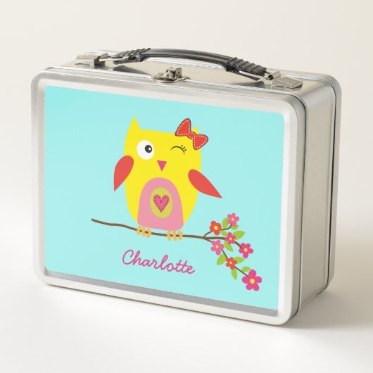 Lunch Box Chouette mignonne en branche avec fleurs roses Per (Devant)
