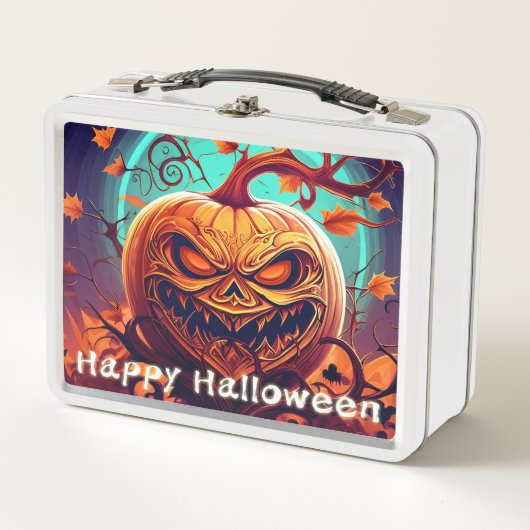 Lunch Box Citrouille orange effrayant avec visage, Halloween (Devant)