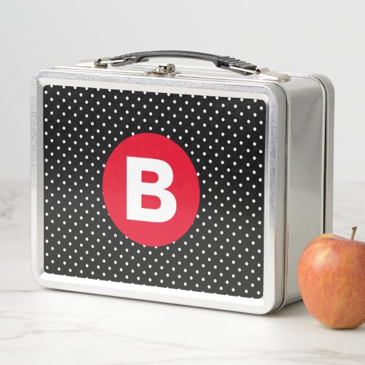 Lunch Box Classic Black & White Polka Dot with Red Monogram (En situation)