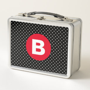 Lunch Box Classique pois noir et blanc avec monogramme rouge