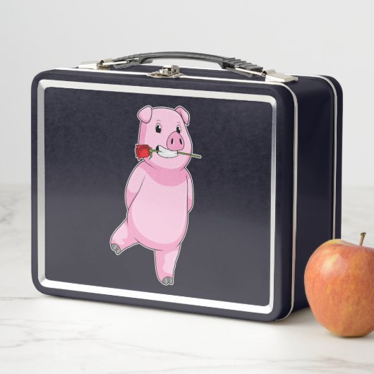 Lunch Box Cochon avec fleur Rose (En situation)