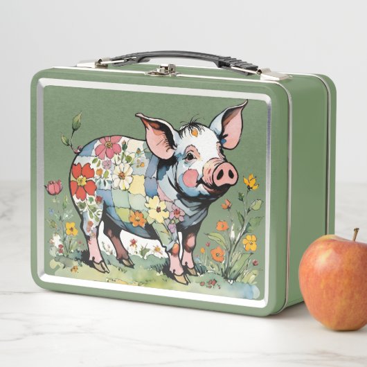 Lunch Box Cochon De Patchwork Floral Avec Fleurs sauvages (En situation)