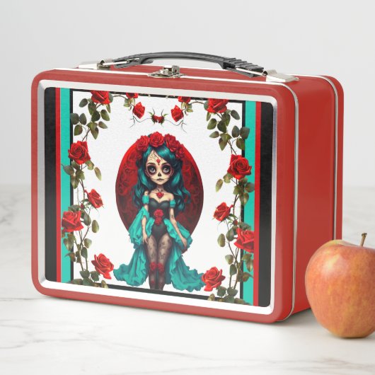 Lunch Box Crânes à sucre de Roses turquoises et rouges (En situation)