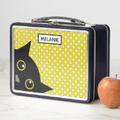 Lunch Box Curieux Chat Noir Polka Jaune Point Personnalisé (En situation)