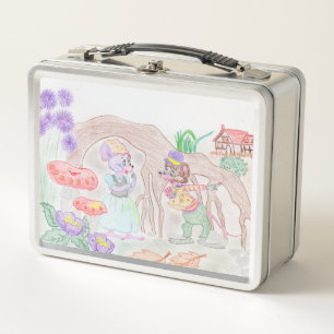 Lunch Box Custom Kids Artwork, deux mignonnes souris, fleurs