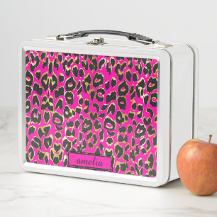 Lunch Box Cute Girly Hot Rose Black Gold Empreinte de léopar