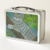 Lunch Box Cute Grey Stripe Vert yeux Chat grimpe un arbre (Dos)