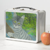 Lunch Box Cute Grey Stripe Vert yeux Chat grimpe un arbre (En situation)