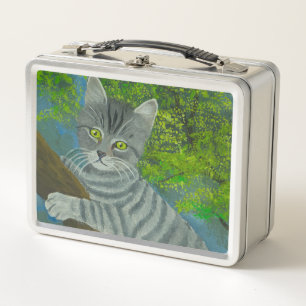 Lunch Box Cute Grey Stripe Vert yeux Chat grimpe un arbre