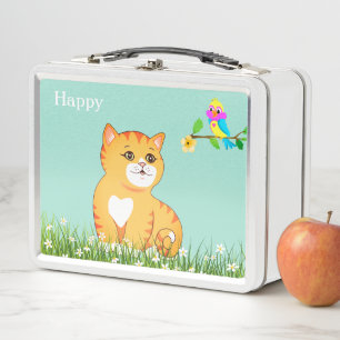 Lunch Box Cute Happy Tabby Chat & Petit Oiseau