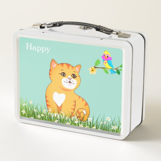 Lunch Box Cute Happy Tabby Chat & Petit Oiseau (Dos)