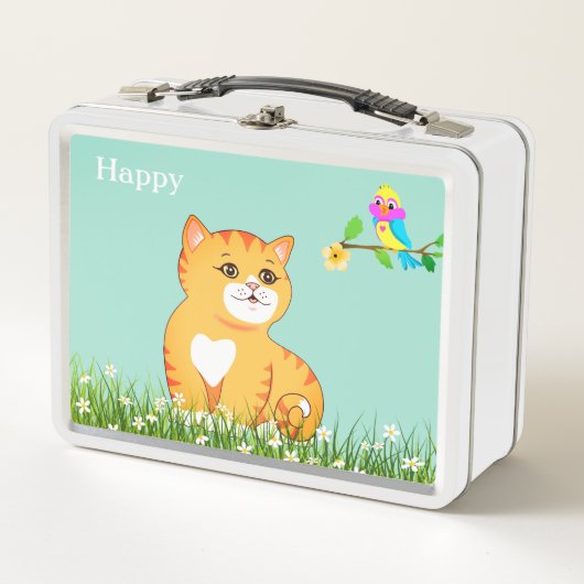Lunch Box Cute Happy Tabby Chat & Petit Oiseau (Devant)