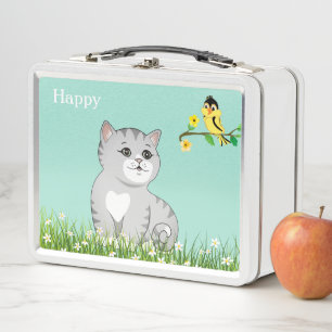 Lunch Box Cute Happy Tabby Chat & Petit Oiseau sur Bleu clai