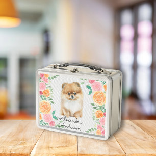 Lunch Box Cute Pomeranian avec monogramme de fleurs d'aquare