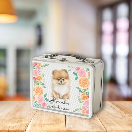 Lunch Box Cute Pomeranian avec monogramme de fleurs d'aquare