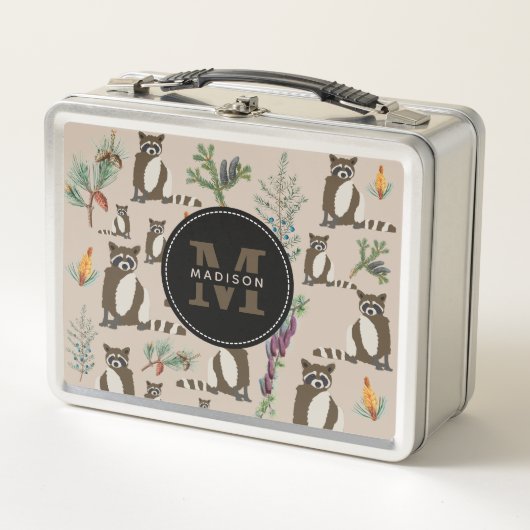 Lunch Box Cute Raccoon dans Pine Forest Motif Monogramme (Devant)