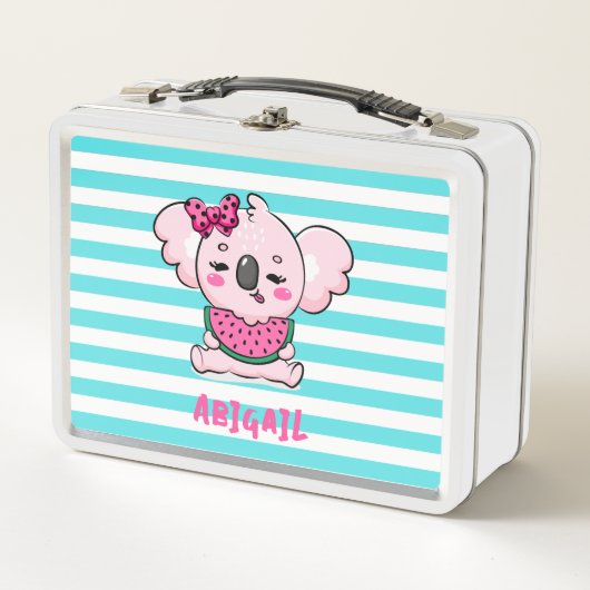Lunch Box Cute rose Kawaii Koala Watermelon Aqua Stripes (Devant)