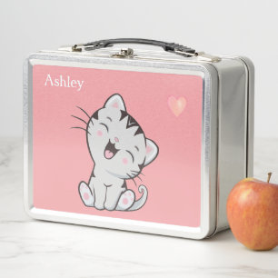 Lunch Box Cute Tabby Chat & Coeur sur Rose clair