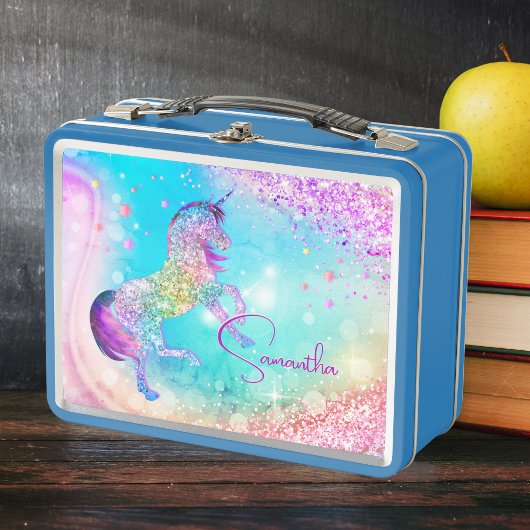 Lunch Box Cute unicorn pink aqua faux glitter custom