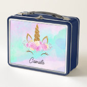 Lunch Box Cute Unicorne Et Aquarelle Abstraite Monogrammé (Devant)