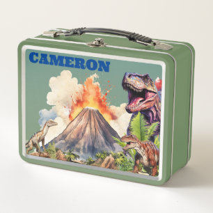 Lunch Box Dinosaures Réalistes et Volcan Nom Personnalisé
