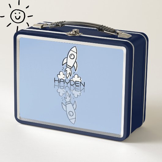 Lunch Box Doodle de fusée bleue mignonne avec nom personnali