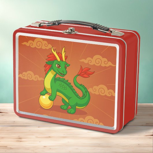 Lunch Box Dragon Chinois Vert sur Fond Rouge