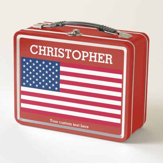 Lunch Box Drapeau USA & Votre nom & Texte personnalisé rouge (Devant)