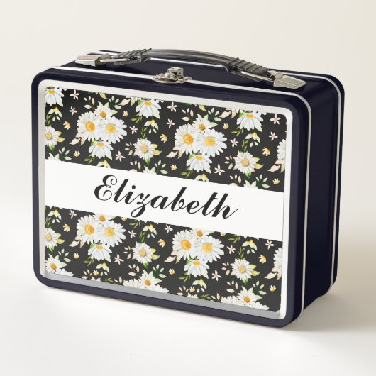 Lunch Box Élégant Monogramme noir et blanc Motif de margueri (Devant)