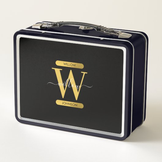 Lunch Box Élégant Monogramme noir & or Script moderne (Dos)