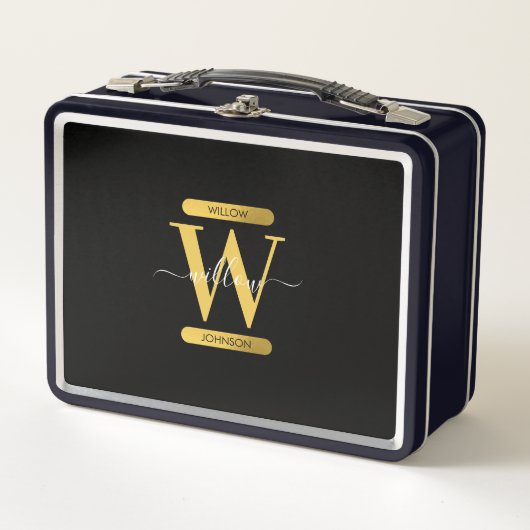 Lunch Box Élégant Monogramme noir & or Script moderne (Devant)