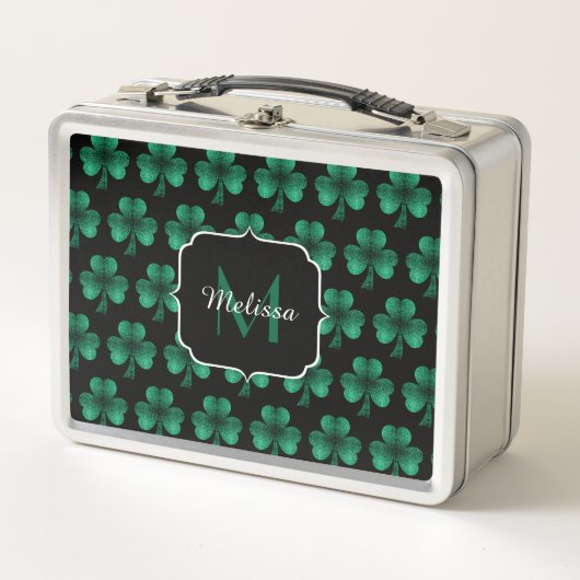 Lunch Box Emerald Green Sparkle Shamrock noir Monogramme (Devant)