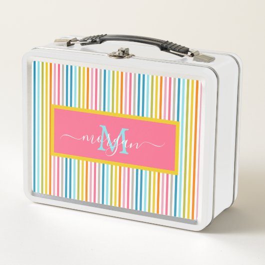 Lunch Box Été Arc en ciel rayures Monogramme Script (Devant)