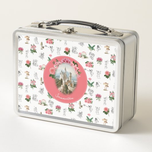 Lunch Box Fées Rose Floral Champignons Fée Château Monogramm (Devant)