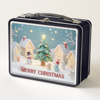 Lunch Box Festive Christmas Tree and Snowmen Scene
