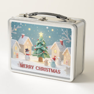 Lunch Box Festive Christmas Tree and Snowmen Scene