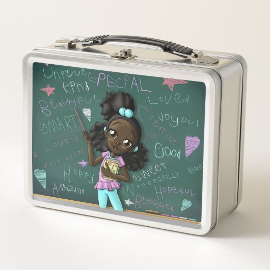 Lunch Box Fille noire avec des mots ondulants (Devant)