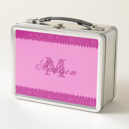 Lunch Box Fille rose parties scintillant zigzag, monogramme (Devant)