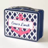 Lunch Box Filles rose, bleu Ancre nautique Nom personnalisé (Devant)