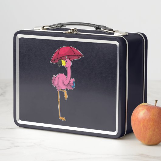 Lunch Box Flamant rose à la pluie avec parapluie (En situation)